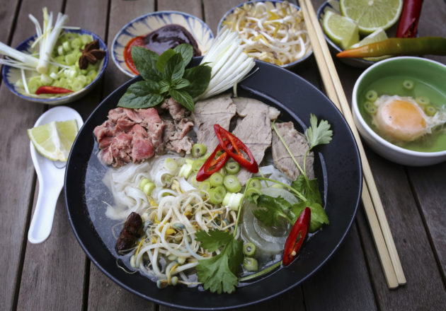 Traditional Vietnamese cuisine is governed by the balance of five elements. Ideal dishes include five fundamental tastes (spicy, sour, bitter, salty, and sweet) and five colors (white, green, yellow, red, and black) and appeal to all five senses.
					